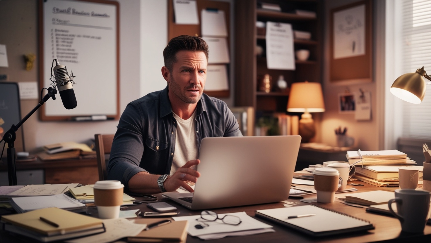 Ein kleines Unternehmen, das ein Smartphone oder Laptop nutzt, um einen Webcast im Homeoffice zu erstellen.