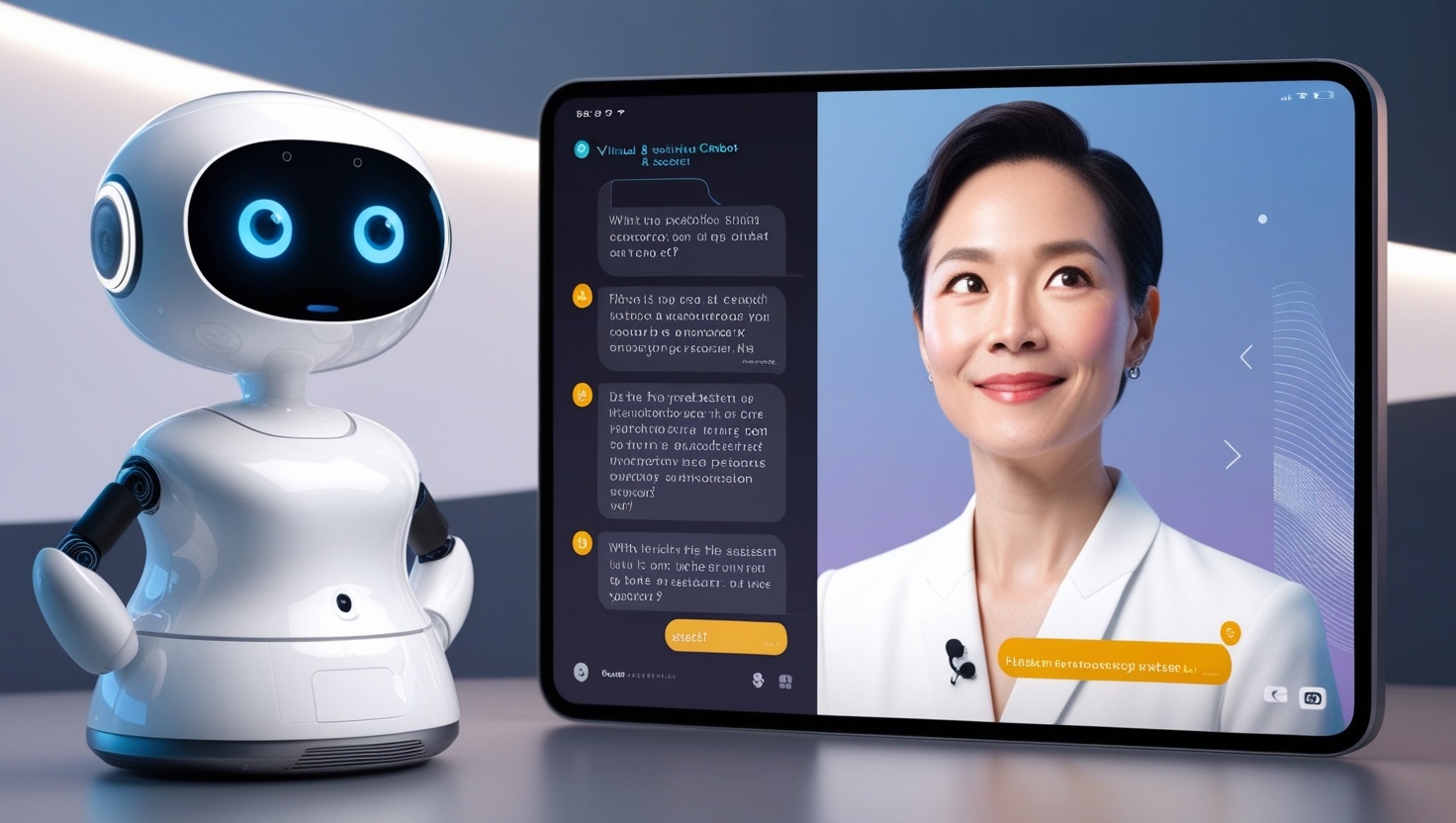 A virtual Q&A session with an AI assistant predicting and suggesting answers to audience questions, represented visually with a chatbot interface alongside a live video of the presenter.